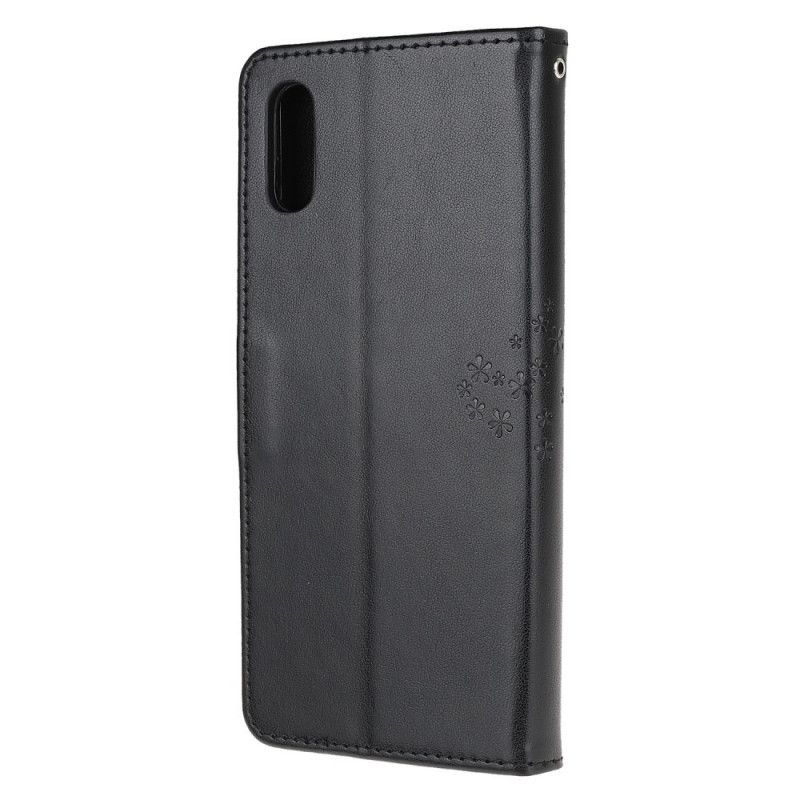 Leren Hoesje voor Xiaomi Redmi 9A Grijs Zwart Boom En String Uilen