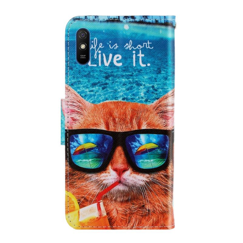 Leren Hoesje voor Xiaomi Redmi 9A Kat Leef Het Met String