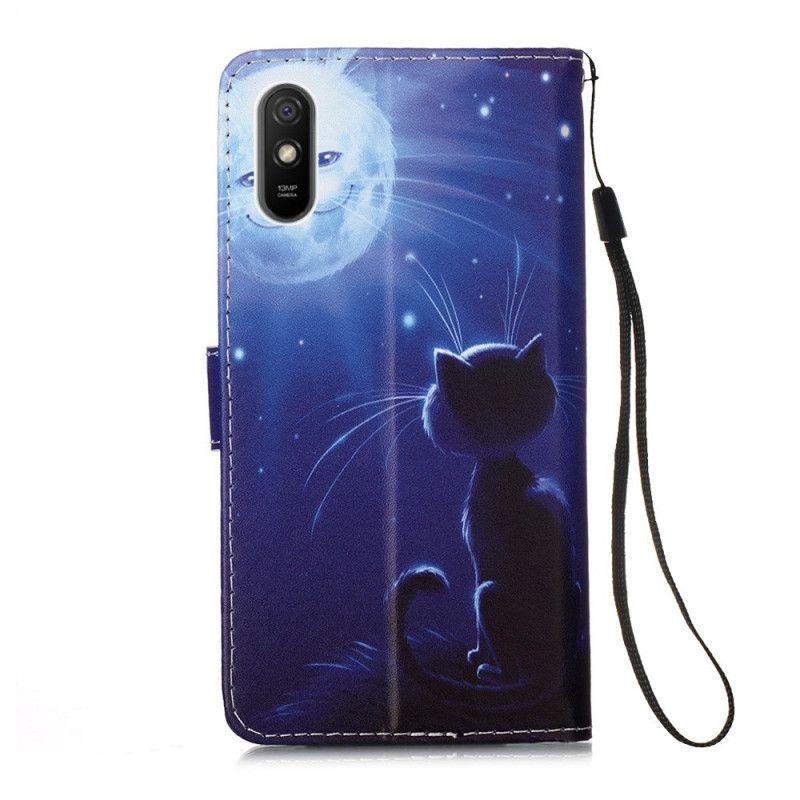 Leren Hoesje voor Xiaomi Redmi 9A Maanverlichte Kat Met String