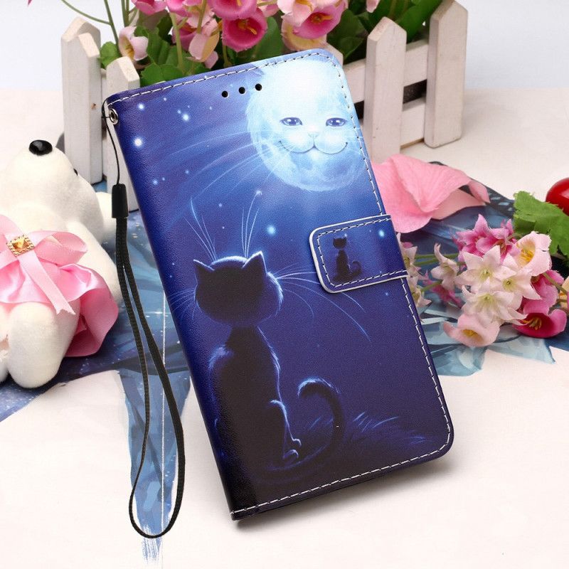 Leren Hoesje voor Xiaomi Redmi 9A Maanverlichte Kat Met String