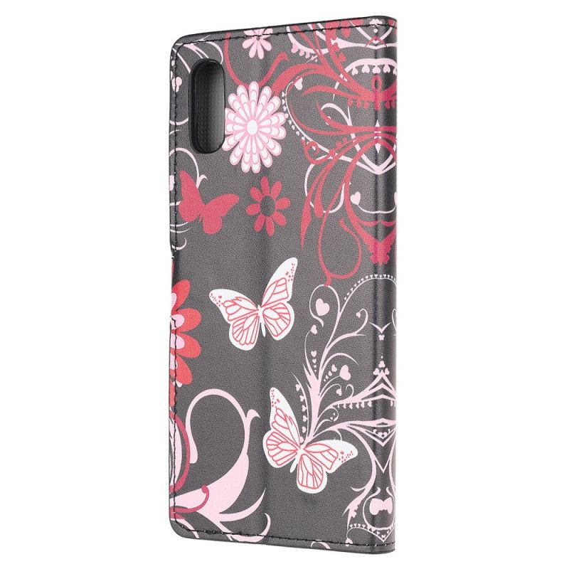 Leren Hoesje voor Xiaomi Redmi 9A Wit Zwart Vlinders En Bloemen