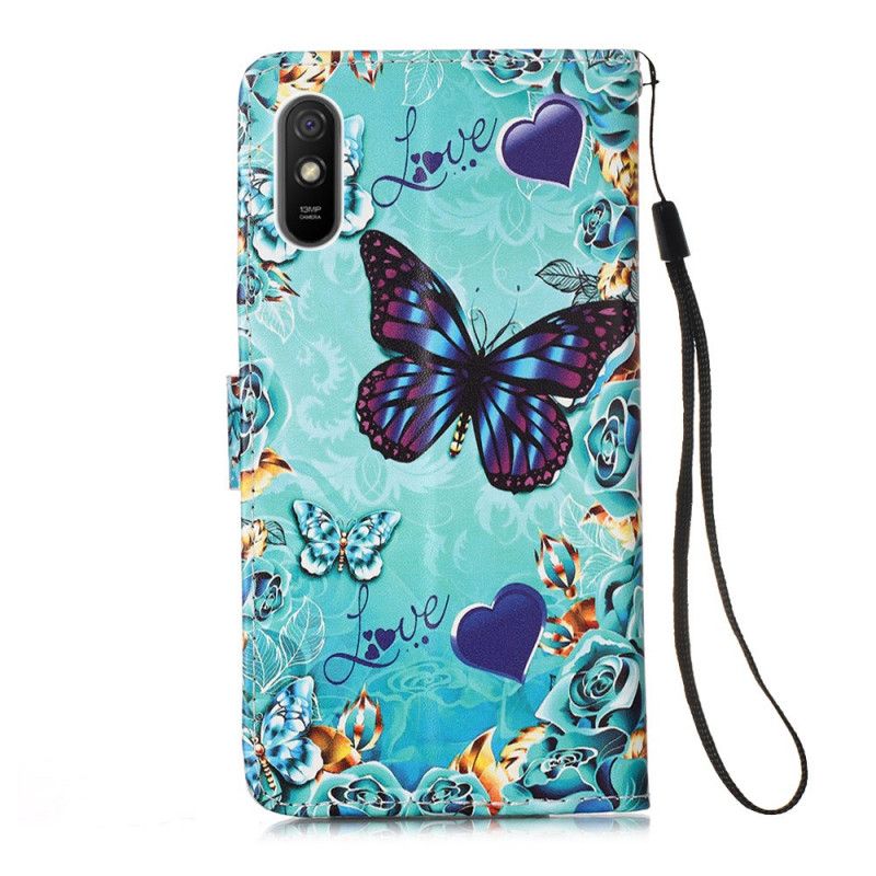 Leren Hoesje Xiaomi Redmi 9A Liefdesvlinders Met String