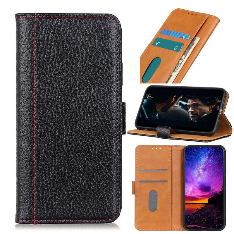 Leren Hoesje Xiaomi Redmi 9A Rood Zwart Telefoonhoesje Naden In Lychee-Leereffect