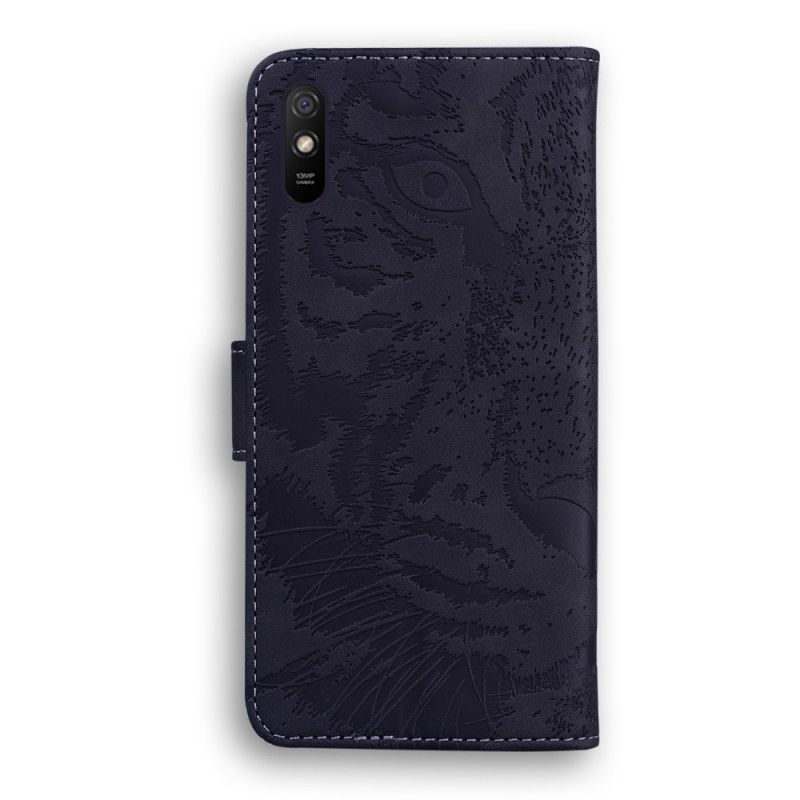 Leren Hoesje Xiaomi Redmi 9A Rood Zwart Telefoonhoesje Tijgergezicht Print