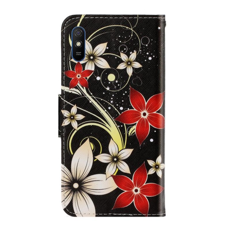 Leren Hoesje Xiaomi Redmi 9A Telefoonhoesje Kleurrijke Stringbloemen