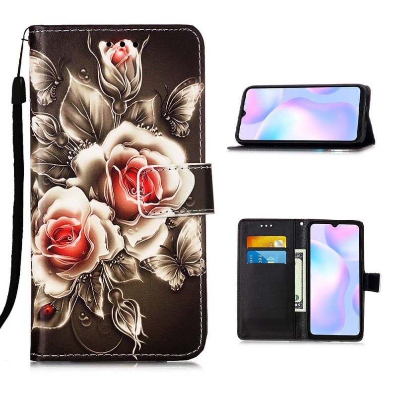 Leren Hoesje Xiaomi Redmi 9A Telefoonhoesje Zwarte Roos Met Riem