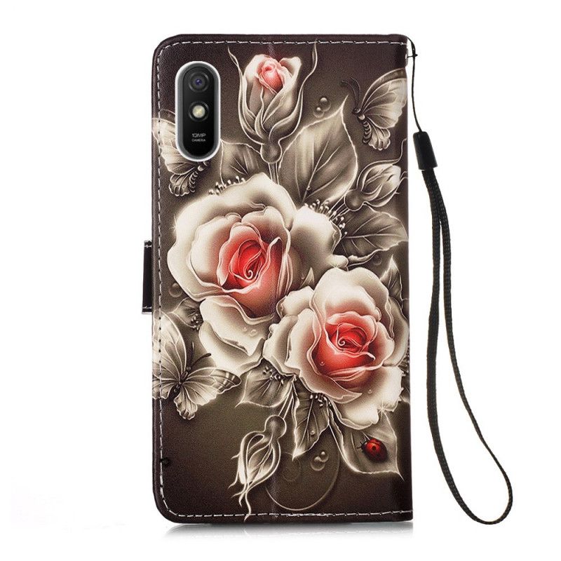 Leren Hoesje Xiaomi Redmi 9A Telefoonhoesje Zwarte Roos Met Riem