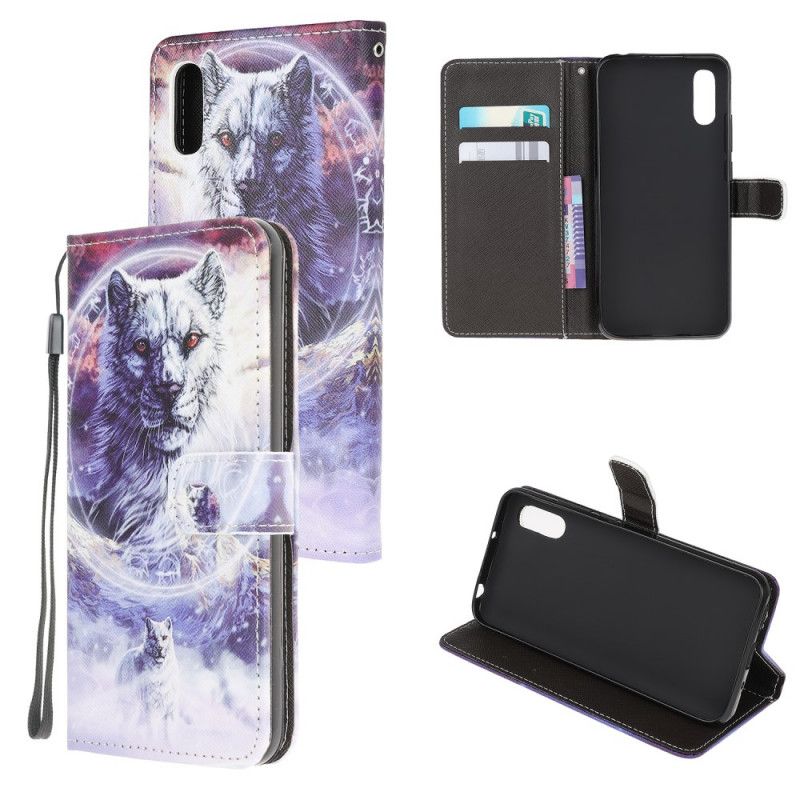 Leren Hoesje Xiaomi Redmi 9A Wolf In De Winter Met String