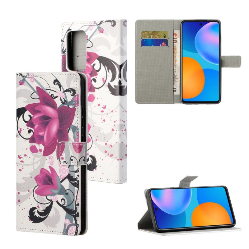 Leren Hoesje Xiaomi Redmi Note 10 Pro Roze Magenta Tropische Bloemen