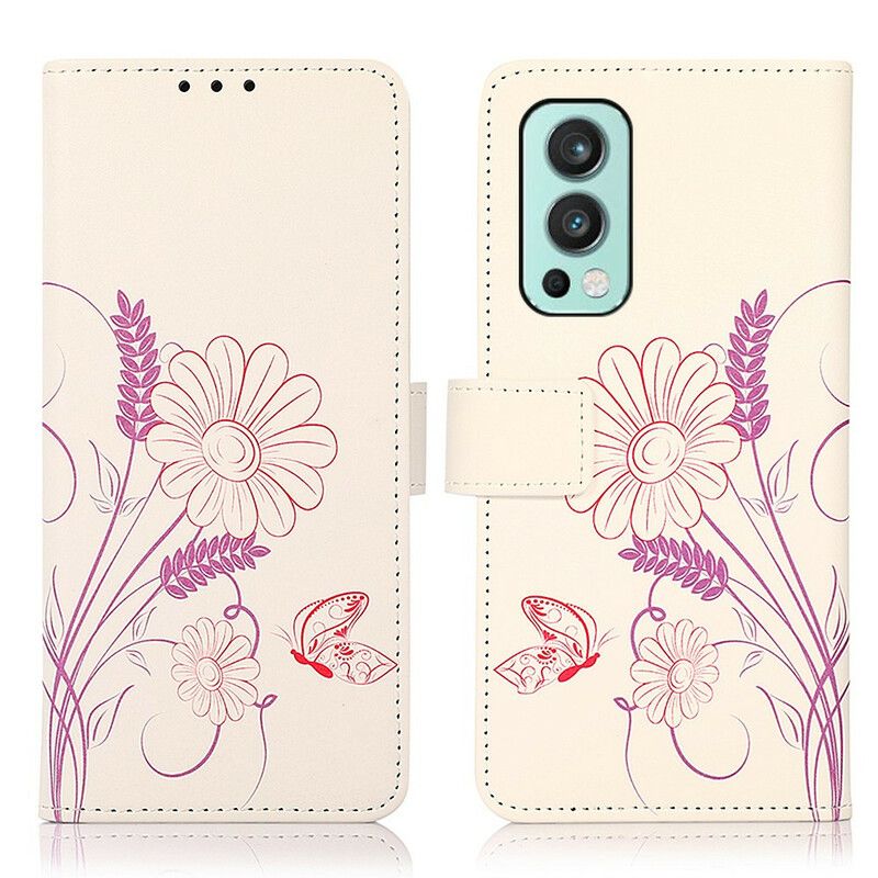 Flip Case Leren Oneplus Nord 2 5g Vlinders En Bloemen Tekenen