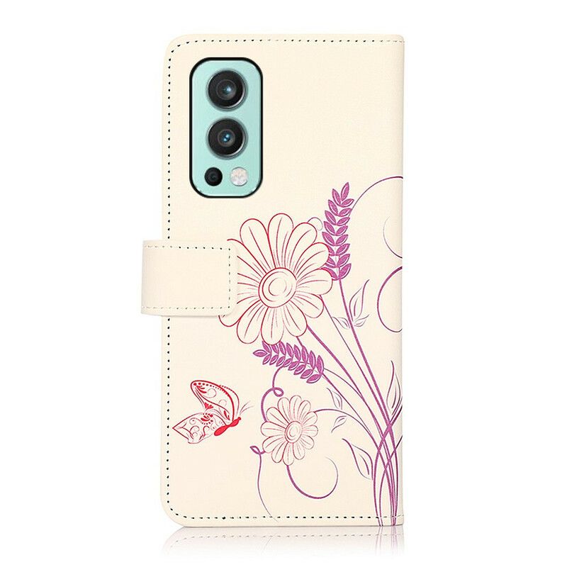 Flip Case Leren Oneplus Nord 2 5g Vlinders En Bloemen Tekenen