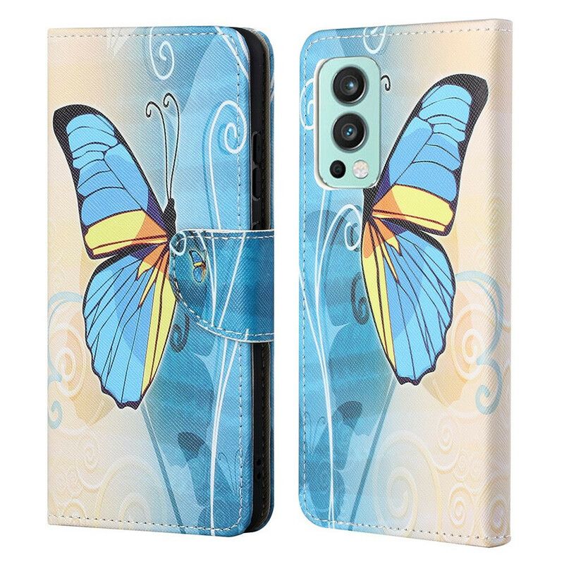 Leren Hoesje Oneplus Nord 2 5g Blauwe En Gele Vlinder Bescherming Hoesje