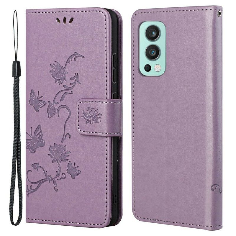 Leren Hoesje Oneplus Nord 2 5g Vlinders En Bloemen Strappy Bescherming Hoesje