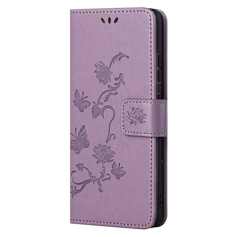 Leren Hoesje Oneplus Nord 2 5g Vlinders En Bloemen Strappy Bescherming Hoesje