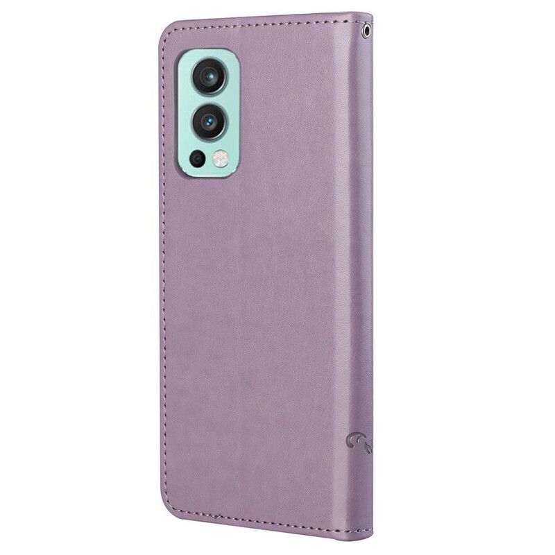 Leren Hoesje Oneplus Nord 2 5g Vlinders En Bloemen Strappy Bescherming Hoesje