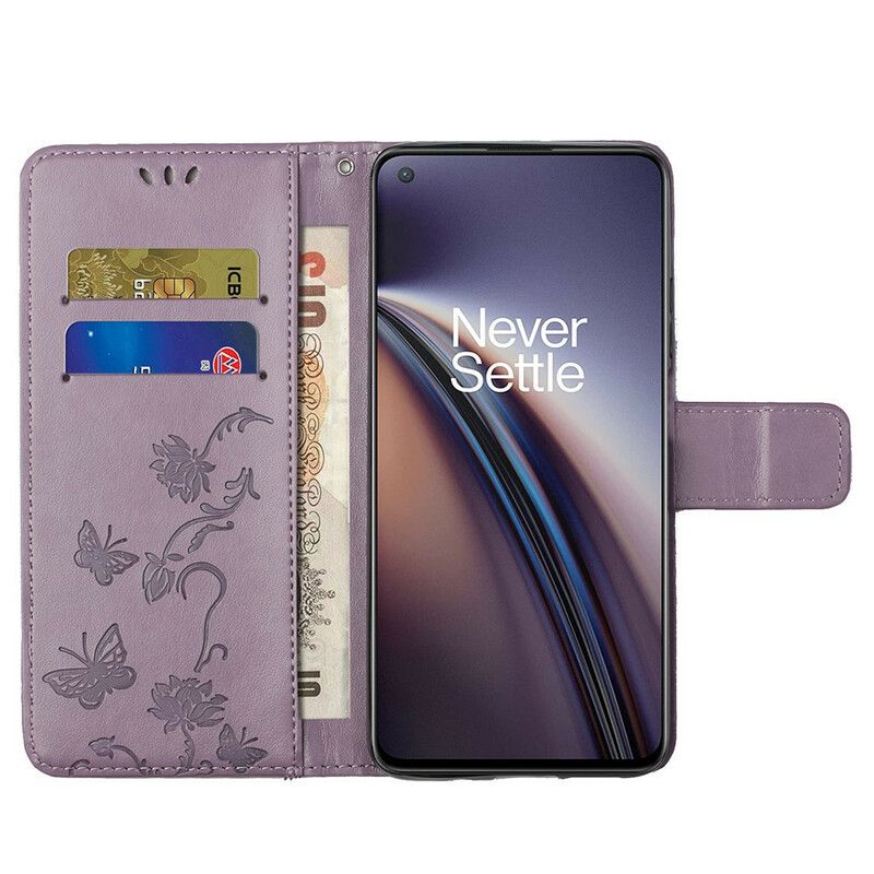 Leren Hoesje Oneplus Nord 2 5g Vlinders En Bloemen Strappy Bescherming Hoesje