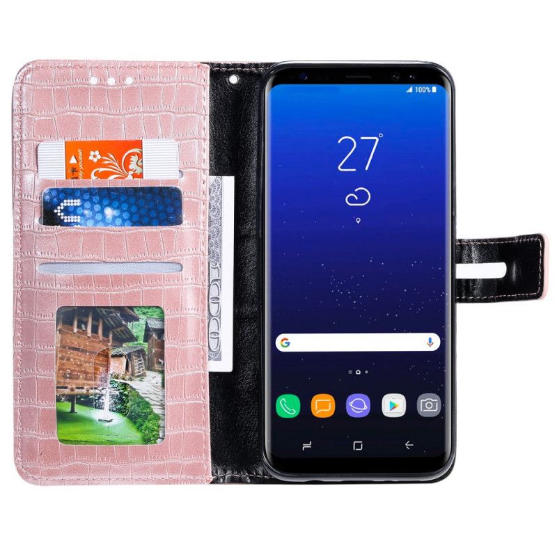 Leren Hoesje Samsung Galaxy S8 Roze Zwart Telefoonhoesje Intense Krokodil