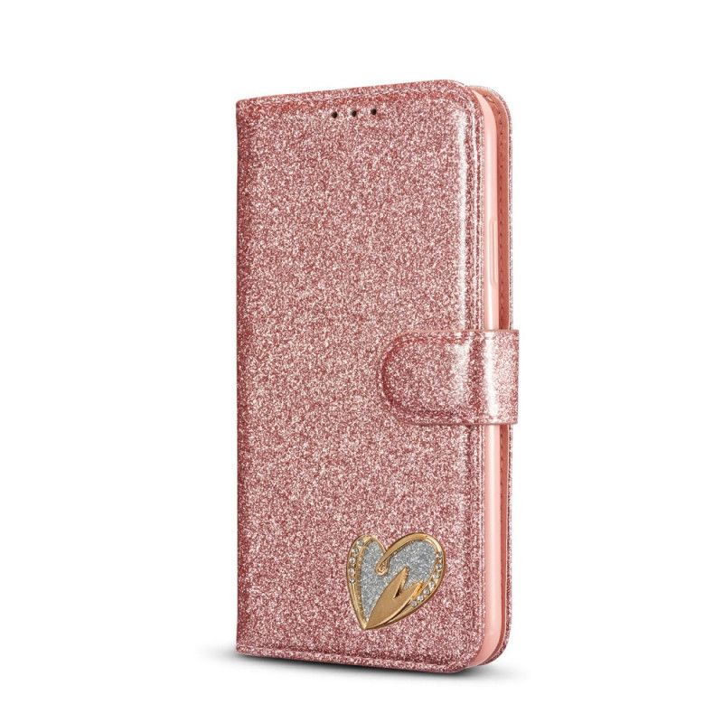 Flip Case Leren iPhone 11 Pro Magenta Zwart Hart Glitter