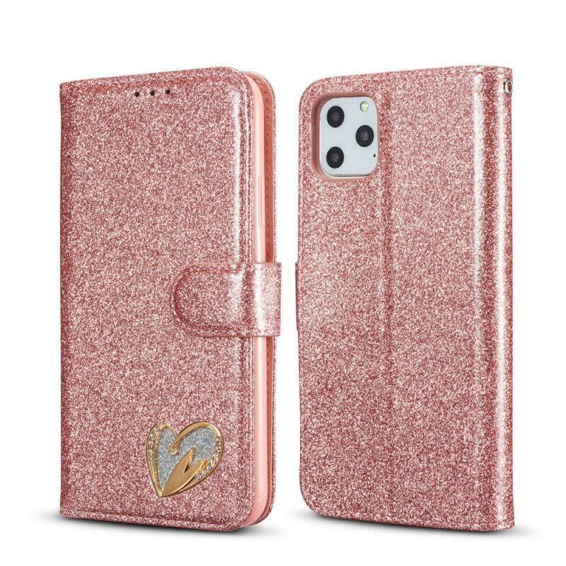 Flip Case Leren iPhone 11 Pro Magenta Zwart Hart Glitter