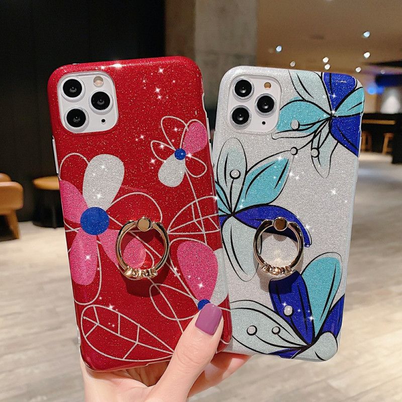 Hoesje voor iPhone 11 Pro Lichtblauw Rood Ringhouder Bloemen Pailletten