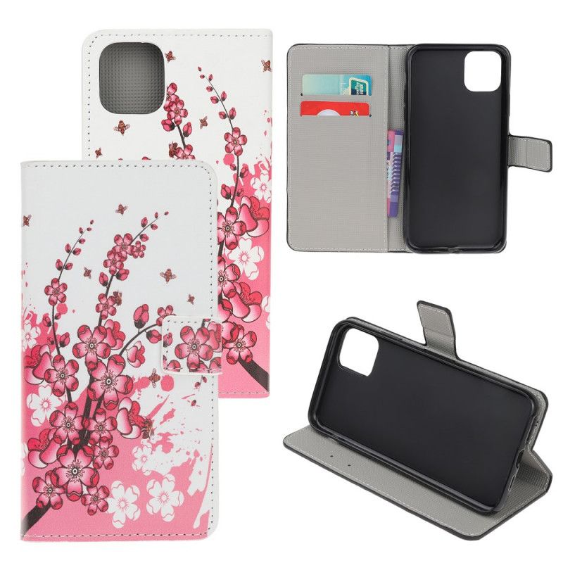 Leren Hoesje iPhone 11 Pro Roze Magenta Telefoonhoesje Tropische Bloemen