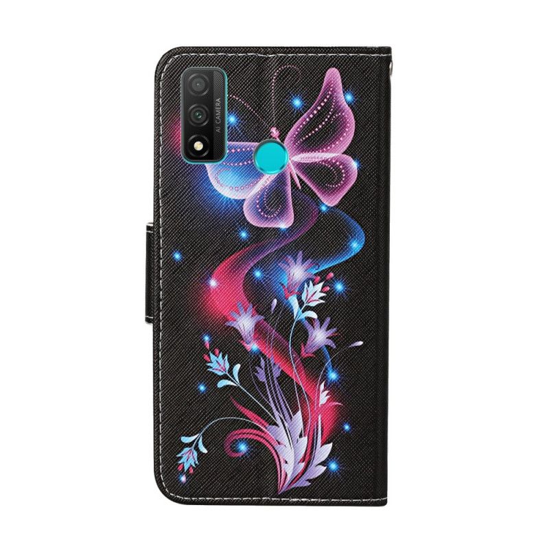 Leren Hoesje OnePlus 8T Wit Zwart Vlinders En String