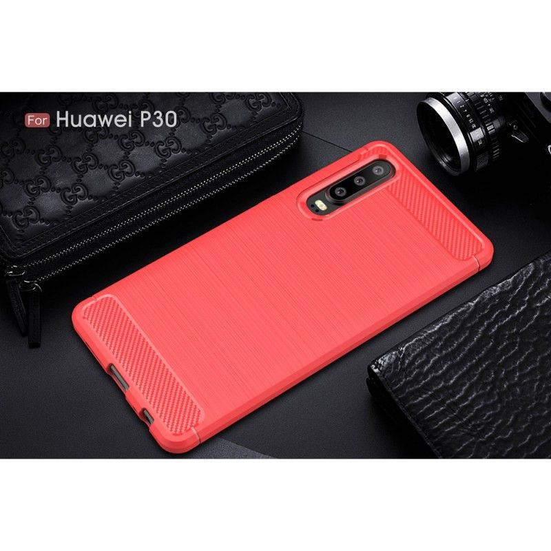 Cover Hoesje Huawei P30 Rood Zwart Telefoonhoesje Geborsteld Koolstofvezel