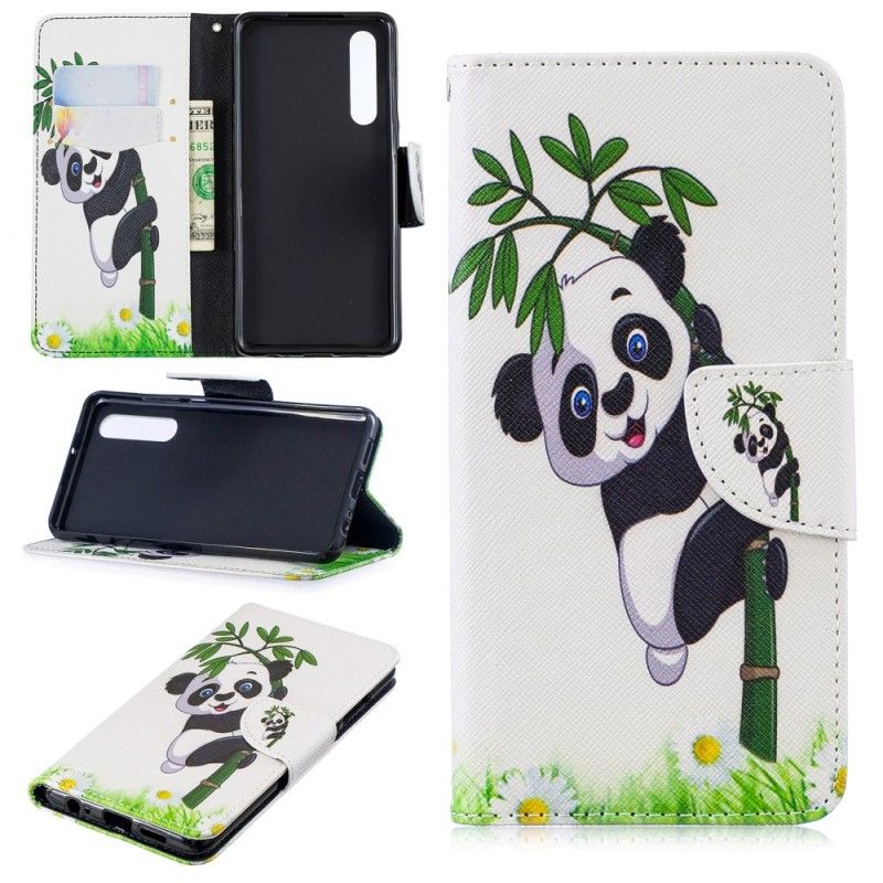 Leren Hoesje Huawei P30 Panda Op Bamboe