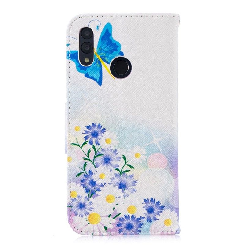 Leren Hoesje Huawei P Smart 2019 Lichtblauw Geschilderde Vlinders En Bloemen