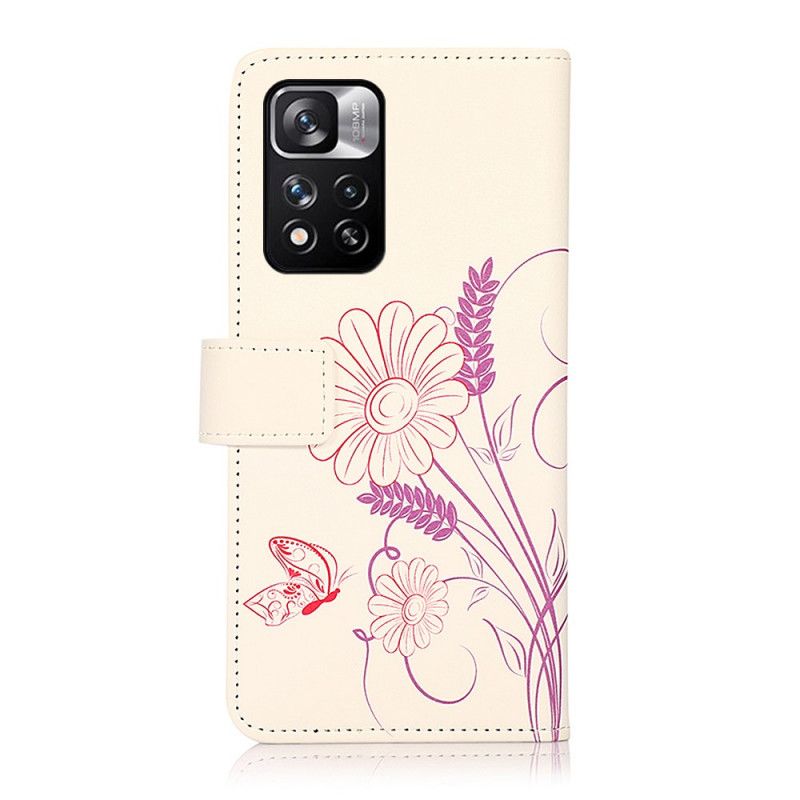 Leren Hoesje Xiaomi Redmi Note 11 Pro / Note 11 Pro Plus Vlinders En Bloemen Tekenen