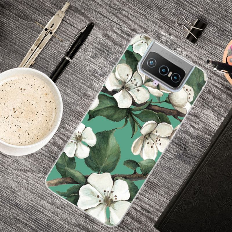 Case Hoesje Asus Zenfone 7 / 7 Pro Telefoonhoesje Geschilderde Witte Bloemen