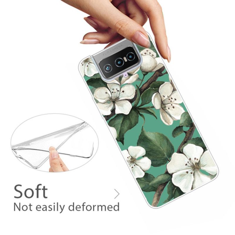 Case Hoesje Asus Zenfone 7 / 7 Pro Telefoonhoesje Geschilderde Witte Bloemen