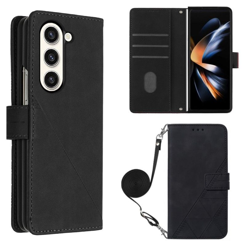 Leren Hoesje Samsung Galaxy Z Fold 5 Driehoekenpatroon Met Schouderband Bescherming Hoesje