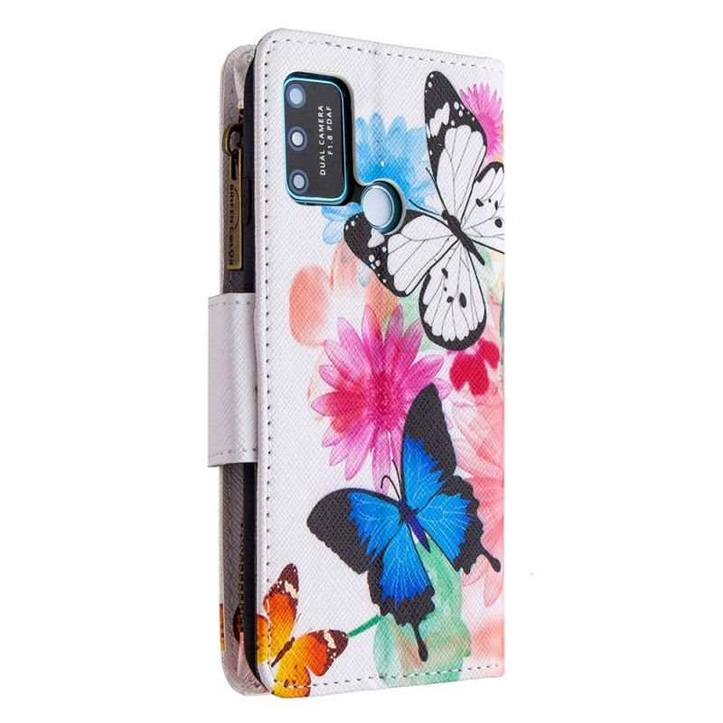 Leren Hoesje Honor 9A Wit Zwart Telefoonhoesje Vlindervak Met Ritssluiting