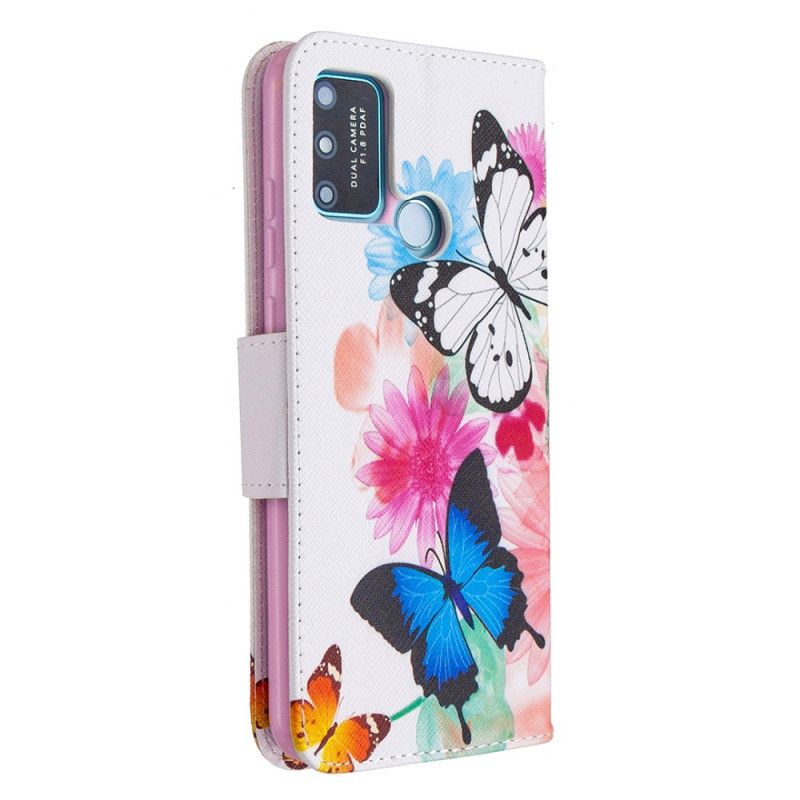 Leren Hoesje voor Honor 9A Lichtblauw Magenta Geschilderde Vlinders En Bloemen