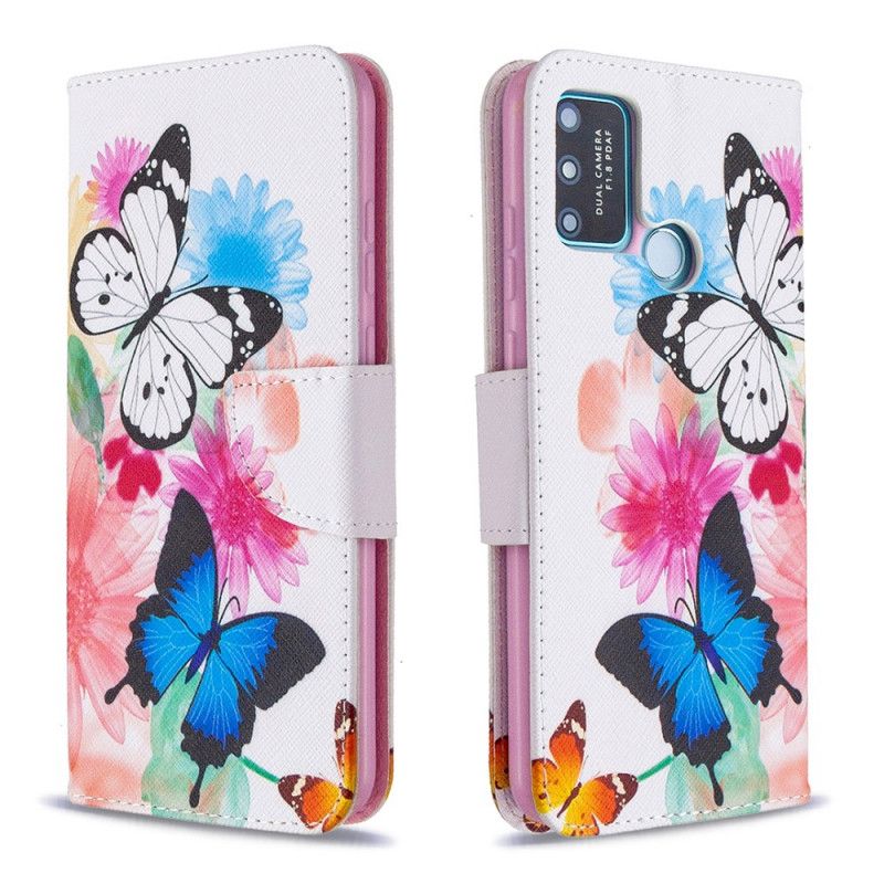 Leren Hoesje voor Honor 9A Lichtblauw Magenta Geschilderde Vlinders En Bloemen