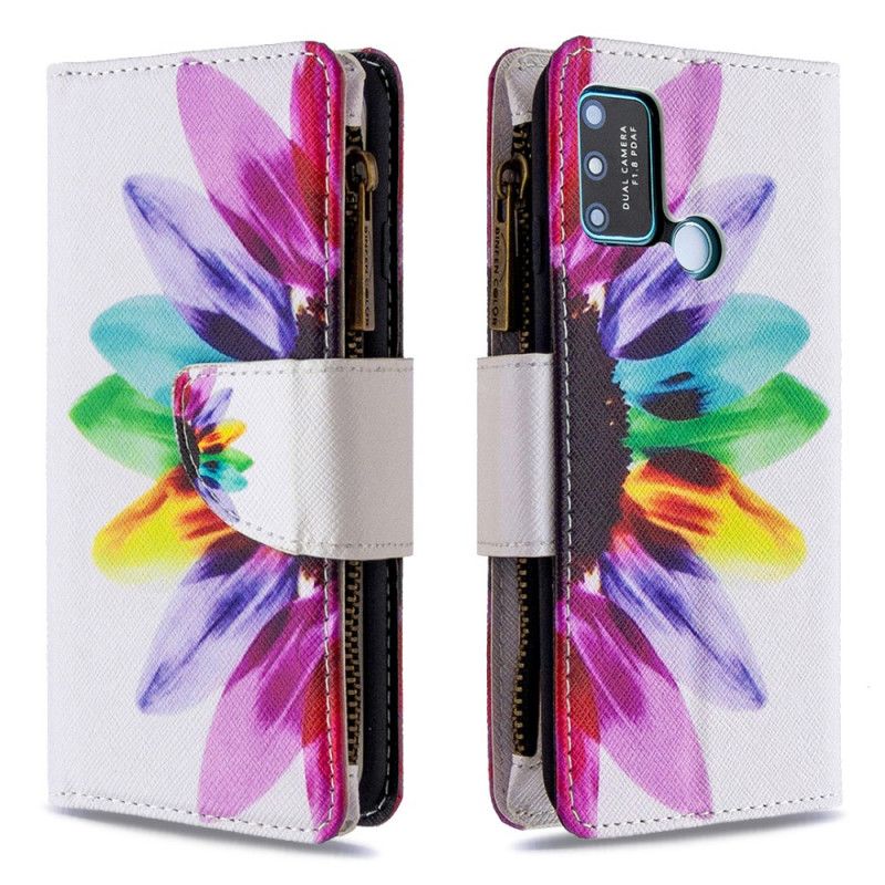 Leren Hoesje voor Honor 9A Wit Zwart Bloemenzak Met Ritssluiting