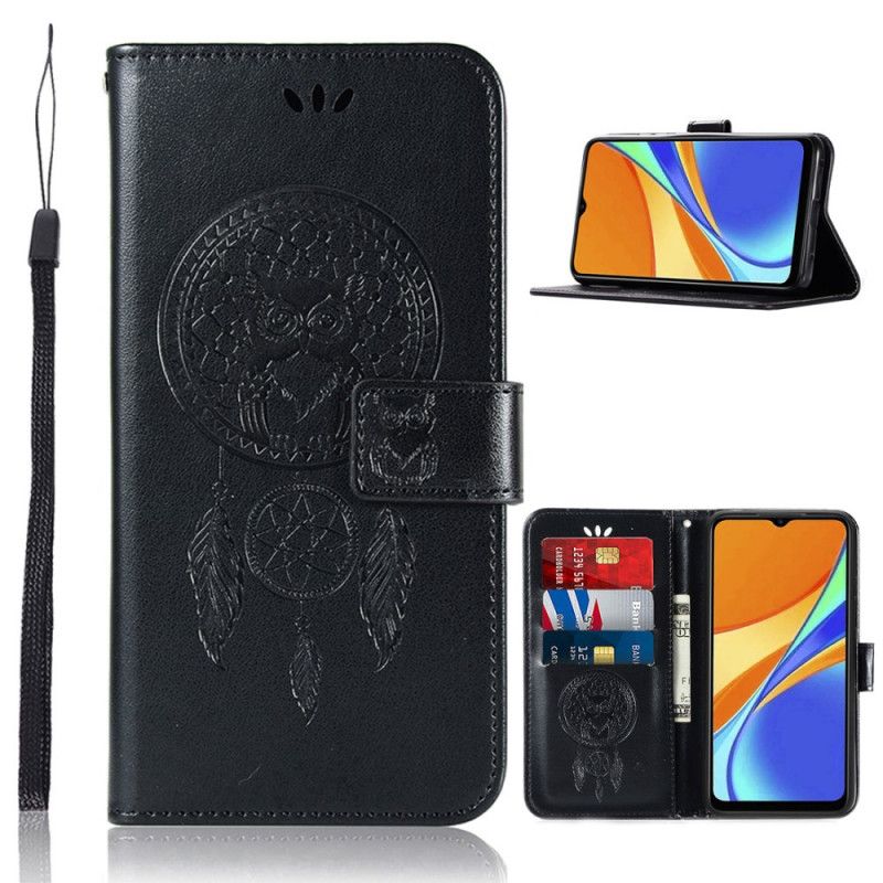 Cover Folio-hoesje Xiaomi Redmi 9C Lichtblauw Zwart Telefoonhoesje Uil Dromenvanger Met Leereffect