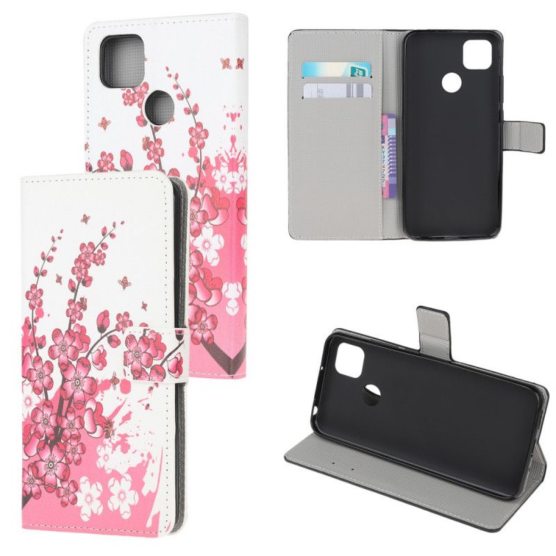 Flip Case Leren Xiaomi Redmi 9C Roze Magenta Tropische Bloemen