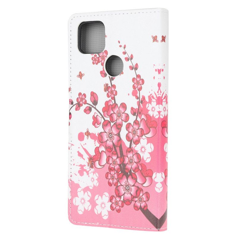 Flip Case Leren Xiaomi Redmi 9C Roze Magenta Tropische Bloemen