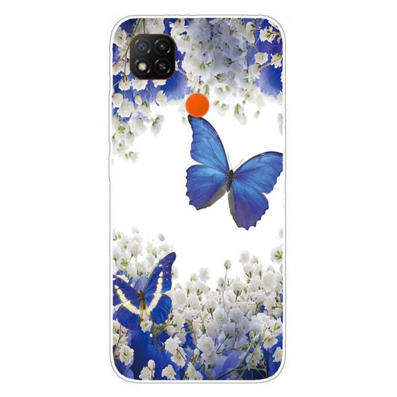 Hoesje voor Xiaomi Redmi 9C Goud Donkerblauw Vlinders
