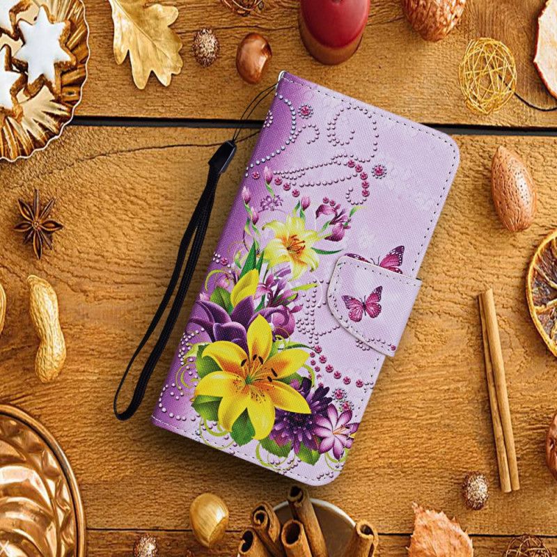 Leren Hoesje voor Xiaomi Redmi 9C Vlinders En Zuiderse Bloemen Met String