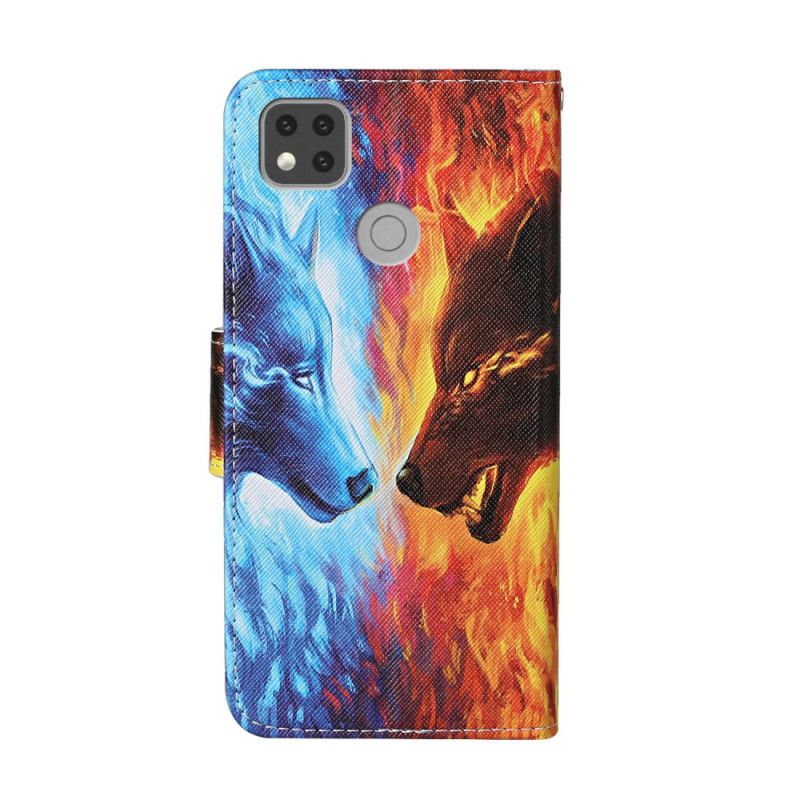 Leren Hoesje voor Xiaomi Redmi 9C Wolf Van Ijs En Vuur