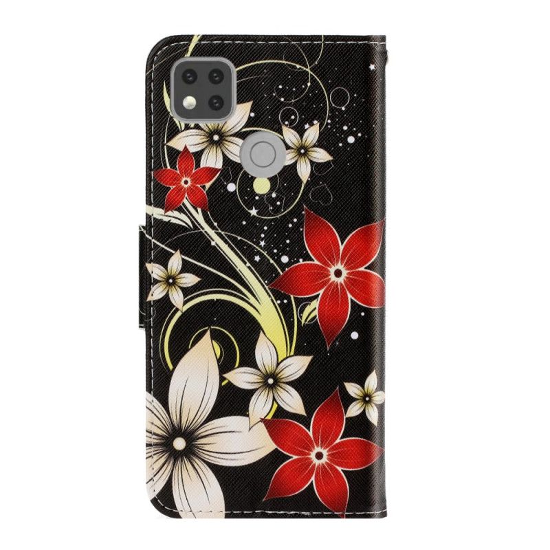 Leren Hoesje Xiaomi Redmi 9C Kleurrijke Bloemen Met Een Riem