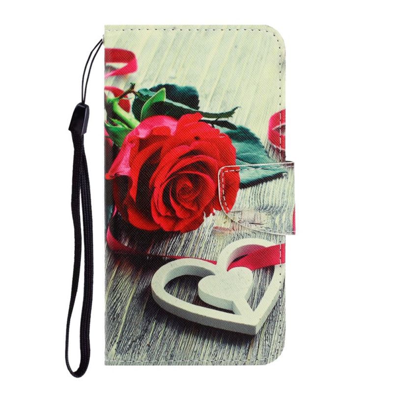 Leren Hoesje Xiaomi Redmi 9C Telefoonhoesje Romantische Roos Met String