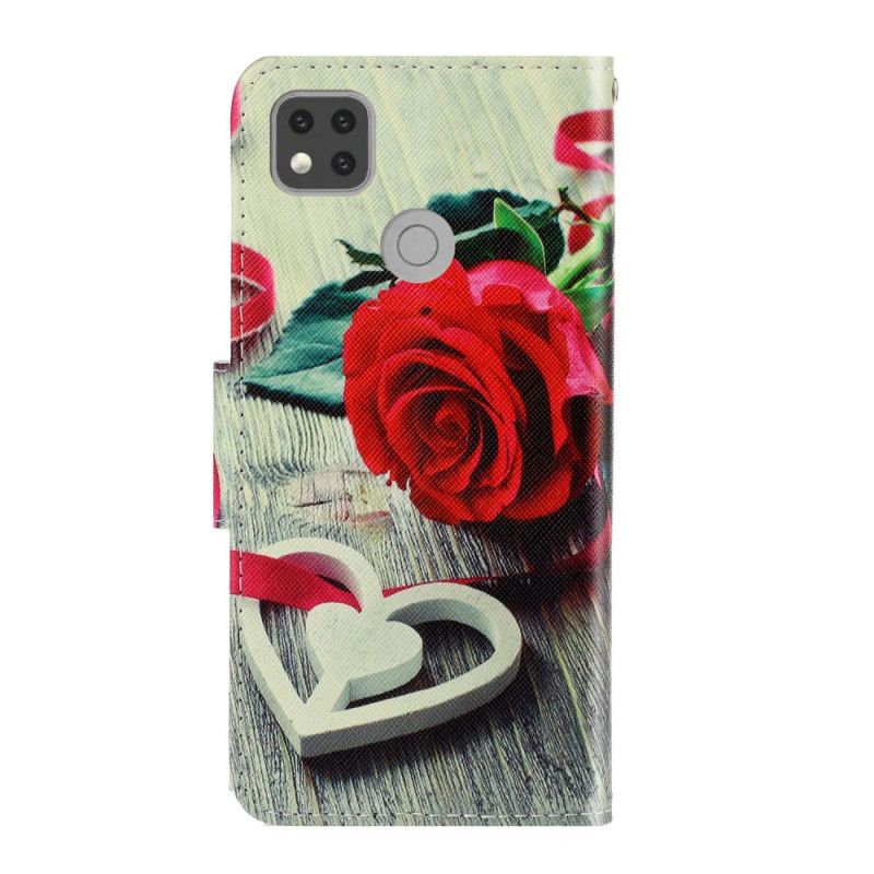 Leren Hoesje Xiaomi Redmi 9C Telefoonhoesje Romantische Roos Met String