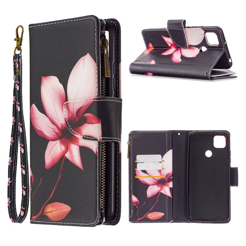 Leren Hoesje Xiaomi Redmi 9C Wit Zwart Bloemenzak Met Ritssluiting