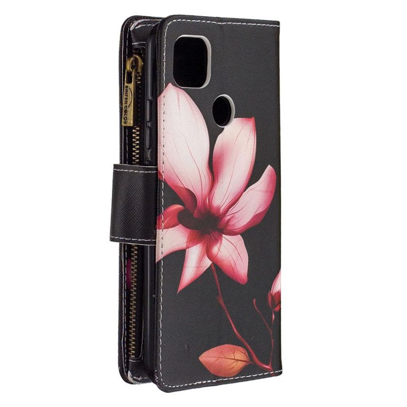 Leren Hoesje Xiaomi Redmi 9C Wit Zwart Bloemenzak Met Ritssluiting