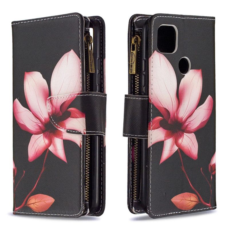 Leren Hoesje Xiaomi Redmi 9C Wit Zwart Bloemenzak Met Ritssluiting