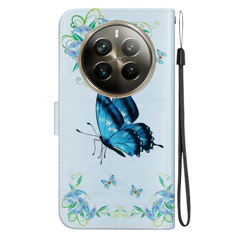 Leren Hoesje Realme 12 Pro / 12 Pro Plus Blauwe Vlinder En Bloemen Met Riempje